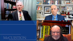 Screenshot of Dennis McCuistion (top left), Jim Falk (top right), and Richard A. Clarke (bottom right) discussing cyberwarfare on the McCuistion Program.