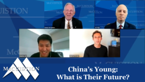 Image: Hosts and expert guests Jin Houzhen and Zak Dychtwald discuss China's young and their future.